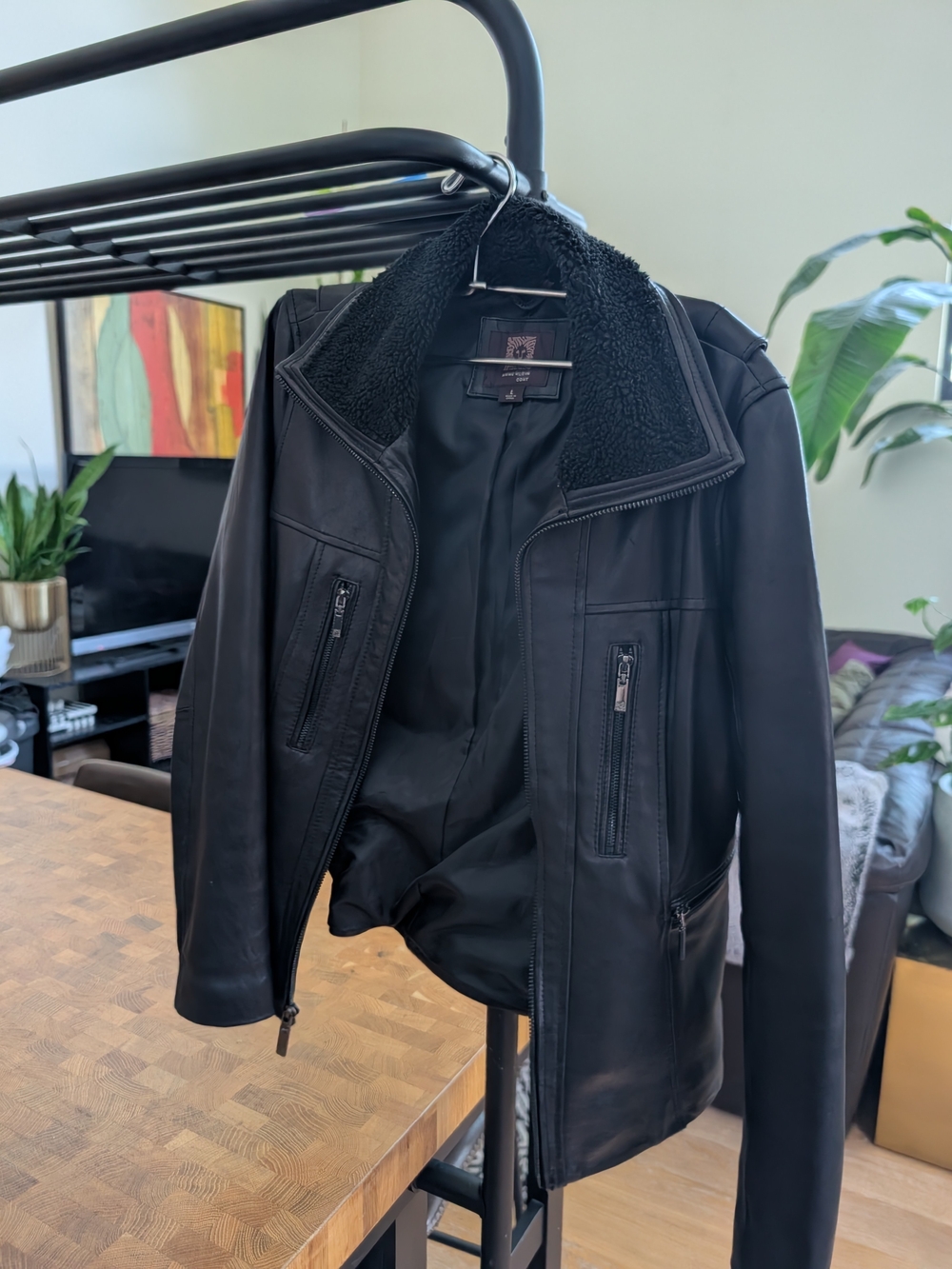 Black Faux-Shearling Collar Leather Jacket